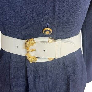 Gail LaBelle made in France White Leather Belt medium gold leopard buckle